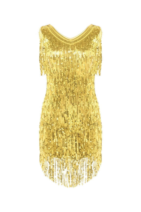Women's Flapper Dresses Fringed 1920s Sequins Formal Swing Cocktail Party Dress Gold L