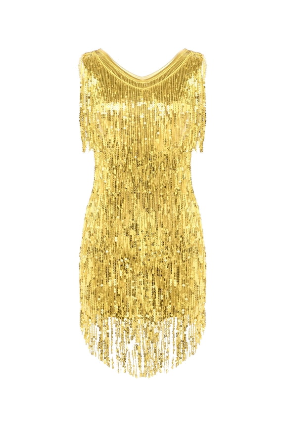 Women's Flapper Dresses Fringed 1920s Sequins Formal Swing Cocktail Party Dress Gold XXL