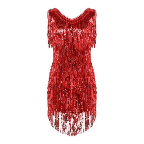 Raenseen Women's Flapper Dresses Fringed 1920s Sequins Formal Swing Cocktail Party Dress Red L