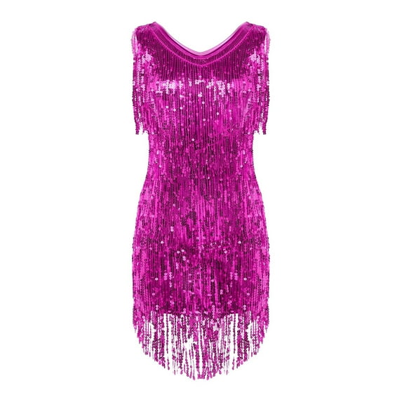 Raenseen Women's Flapper Dresses Fringed 1920s Sequins Formal Swing Cocktail Party Dress Rose XXL