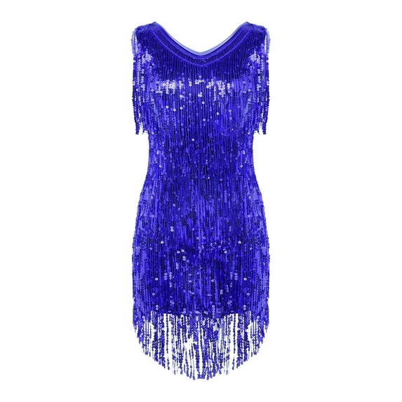 Raenseen Women's Flapper Dresses Fringed 1920s Sequins Formal Swing Cocktail Party Dress Royal Blue L