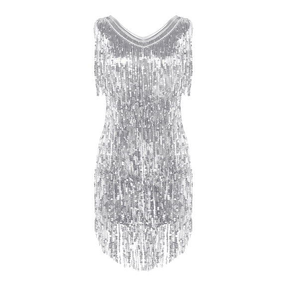 Raenseen Women's Flapper Dresses Fringed 1920s Sequins Formal Swing Cocktail Party Dress Silver XL