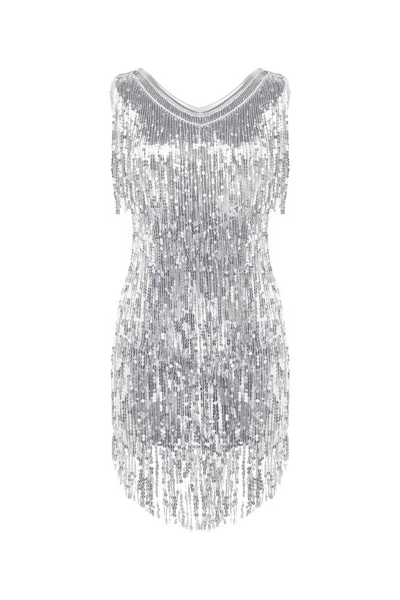 Women's Flapper Dresses Fringed 1920s Sequins Formal Swing Cocktail Party Dress Silver XL