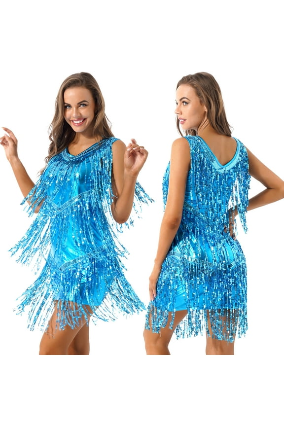 Women's Flapper Dresses Fringed 1920s Sequins Formal Swing Cocktail Party Dress Sky Blue XXL