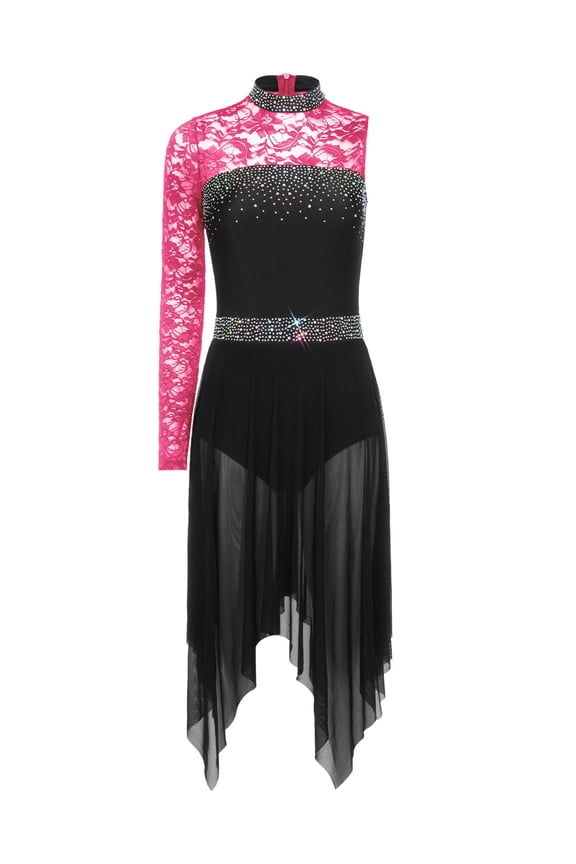Women's Floral Lace Lyrical Dance Dress Mesh Hem Ballet Tulle Skirt Contemporary Dancewear Hot Pink S