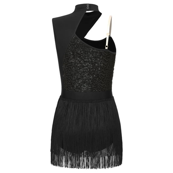 Raenseen Women's Fringe Latin Dance Leotard Dancewear Shiny Sequins Jazz Ballroom Samba Dance Dress Black M