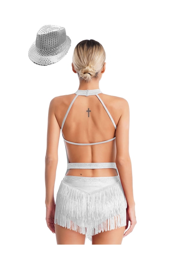 Women's Halter Sleeveless Backless Fringe Bodysuit with Sequin Hat for Ballroom Latin Tango White S