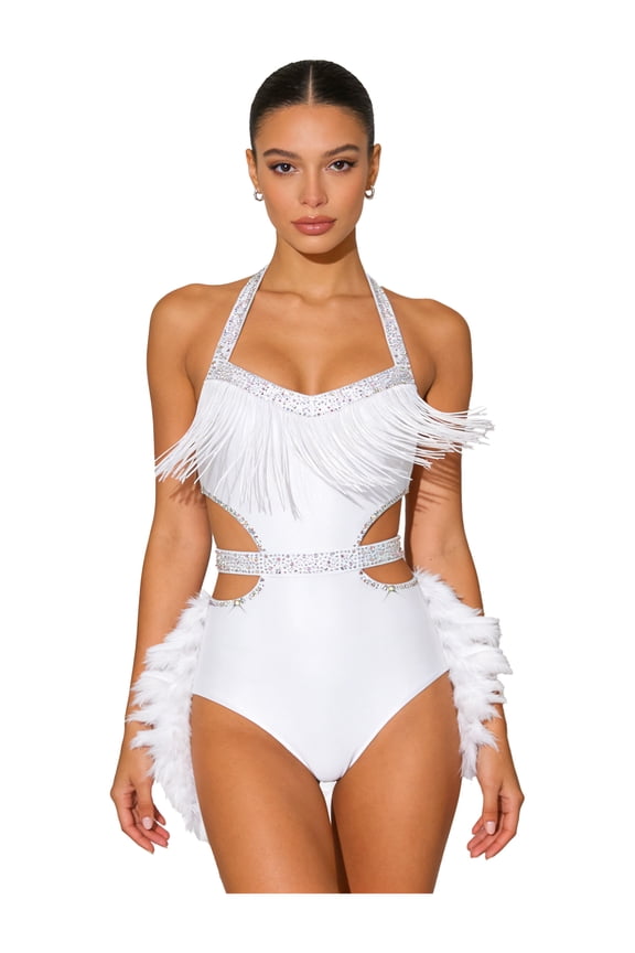 Women's Latin Rumba Samba Dance Leotard with Faux Feather Sleeveless Backless Dance Bodysuit Top White S