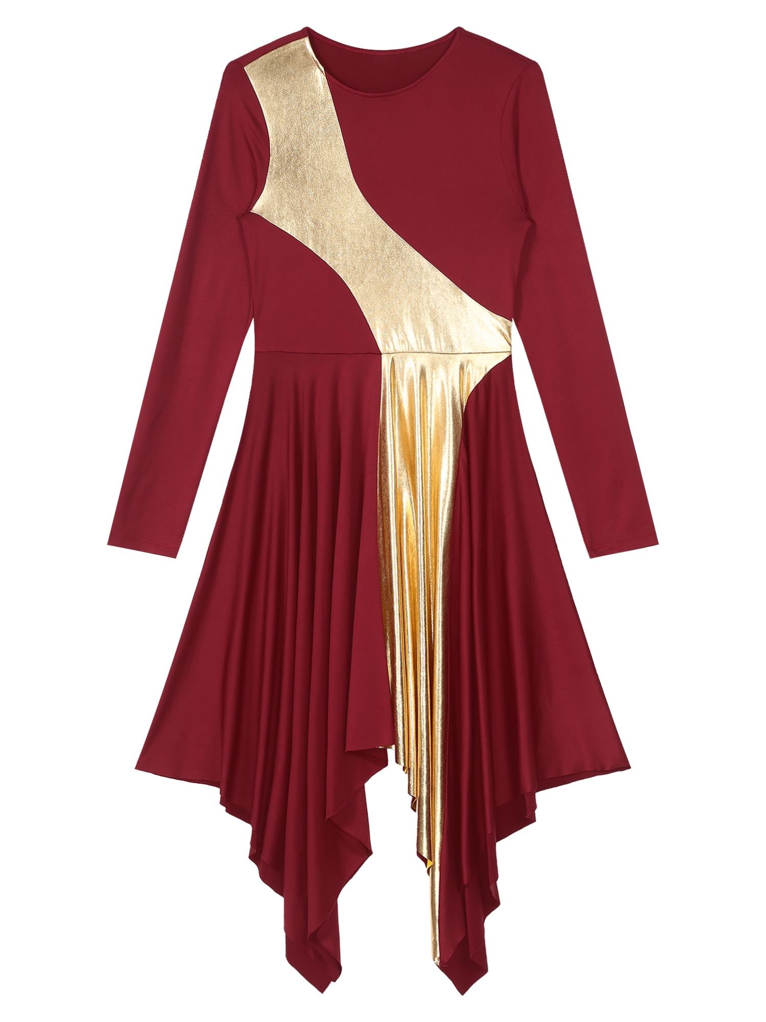 Renvena Girls Metallic Liturgical Praise Dance Color Block Long Sleeve Asymmetrical Worship Dress Size 4 16 Red 8