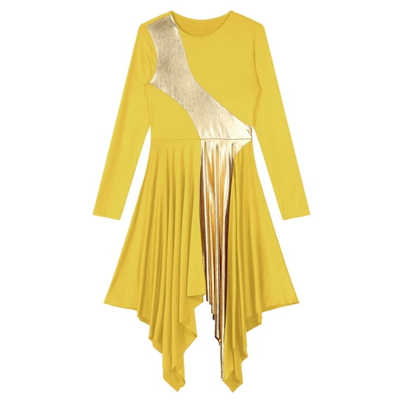 Raenseen Women's Long Sleeve Asymmetrical Praise Dance Metallic Gold Color Block Church Worship Yellow XXL