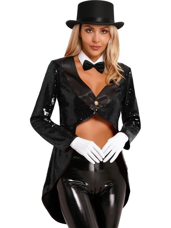 Women's Magician Sequin Tailcoat Jacket Funny Dress Party Performance Outfits Black S