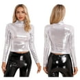 thumbnail image 1 of Raenseen Women's Metallic Long Sleeve Dance Tops Turtleneck Metallic Blouses Glitter Tank Tops Dance Silver S, 1 of 9