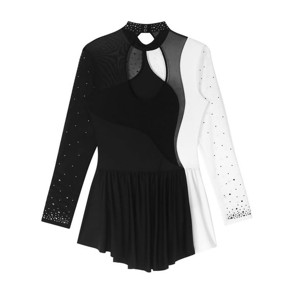 Raenseen Women's Rhinestone Figure Ice Skating Dress Costume for Roller Skating Gymnastic Leotard Black M