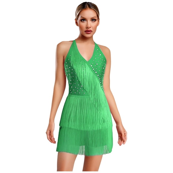 Raenseen Women's Rhinestone Fringe Latin Jazz Dance Dress Sleeveless Salsa Cha-Cha Rumba Tassel Leotard Green 3XL