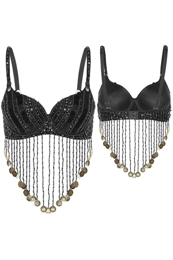 Women's Sequin Beaded Tassels Belly Dance Costume Bra Indian Dancer Top Bellydance Black One Size