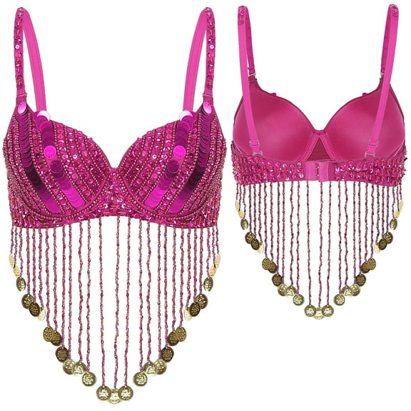 Raenseen Women's Sequin Beaded Tassels Belly Dance Costume Bra Indian Dancer Top Bellydance Hot Pink One Size