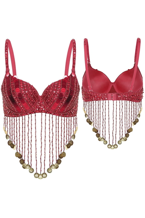 Women's Sequin Beaded Tassels Belly Dance Costume Bra Indian Dancer Top Bellydance Red One Size