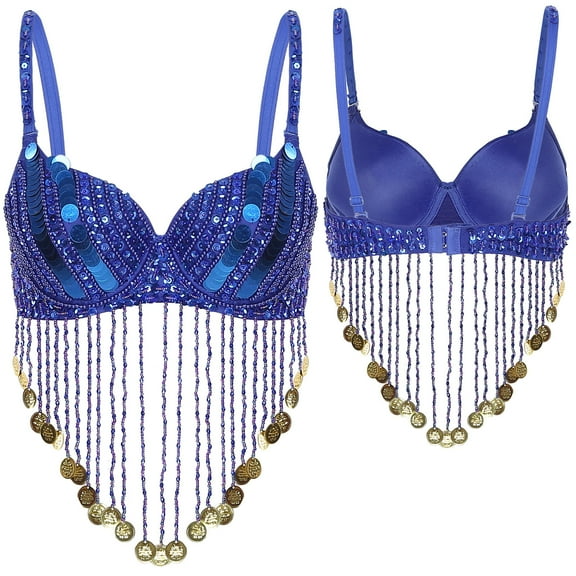 Raenseen Women's Sequin Beaded Tassels Belly Dance Costume Bra Indian Dancer Top Bellydance Royal Blue One Size