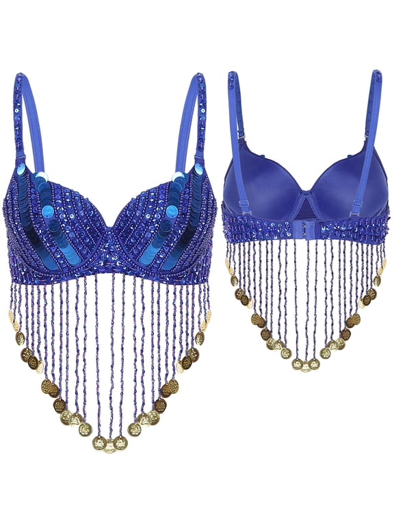 Women's Sequin Beaded Tassels Belly Dance Costume Bra Indian Dancer Top Bellydance Royal Blue One Size