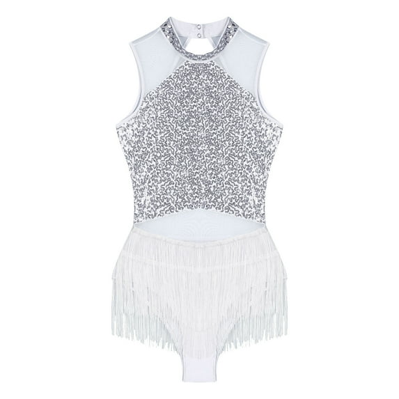 Raenseen Women's Sequins Leotard Tassels Salsa Rumba Latin Dance Costume Cocktail Dance Dress White S
