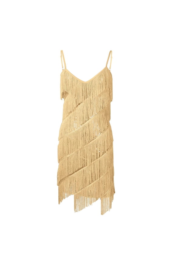 Women's Sequins Tassel Dance Costume Samba Rumba Tango Dance Dress 1920s Flapper Cocktail Gold One_Size