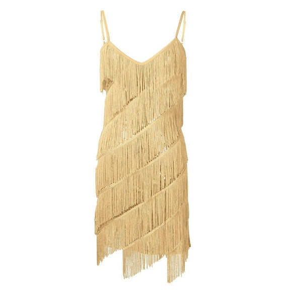 Raenseen Women's Sequins Tassel Dance Costume Samba Rumba Tango Dance Dress 1920s Flapper Cocktail Gold One_Size