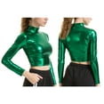 thumbnail image 1 of Raenseen Women's Shiny Metallic Liquid Long Sleeve Turtleneck Crop Top Short T-Shirt Tops Green M, 1 of 5