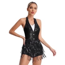 Raenseen Women's Sleeveless Latin Jazz Dance Costume Sequins Dancewear Tassel Leotard Dress for Black XL