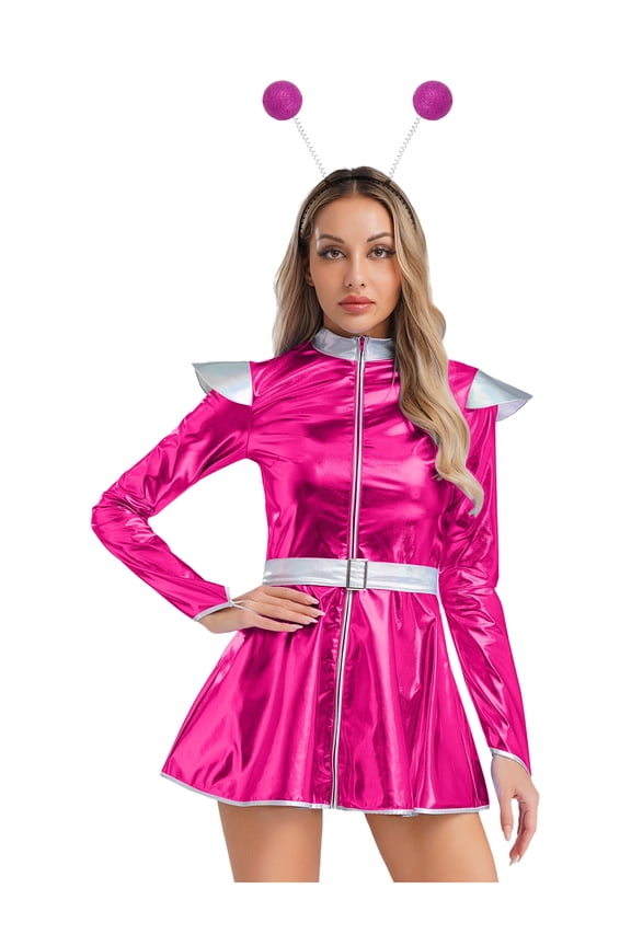 Women's Space Dress Alien Astronaut Long Sleeve A-line with Hair Hoop Hot Pink S