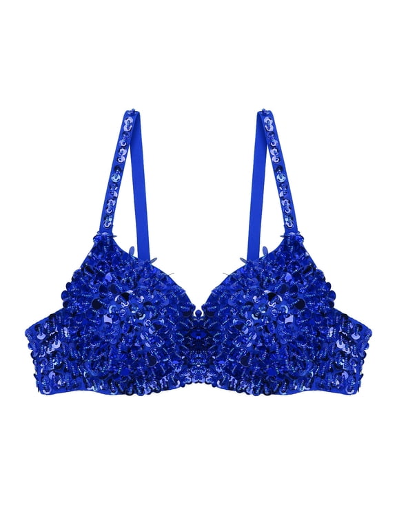 Women's Sparkle Sequins Push Up Bra Glitter Beading Padded Bralette for Belly Dancing Blue 34/75