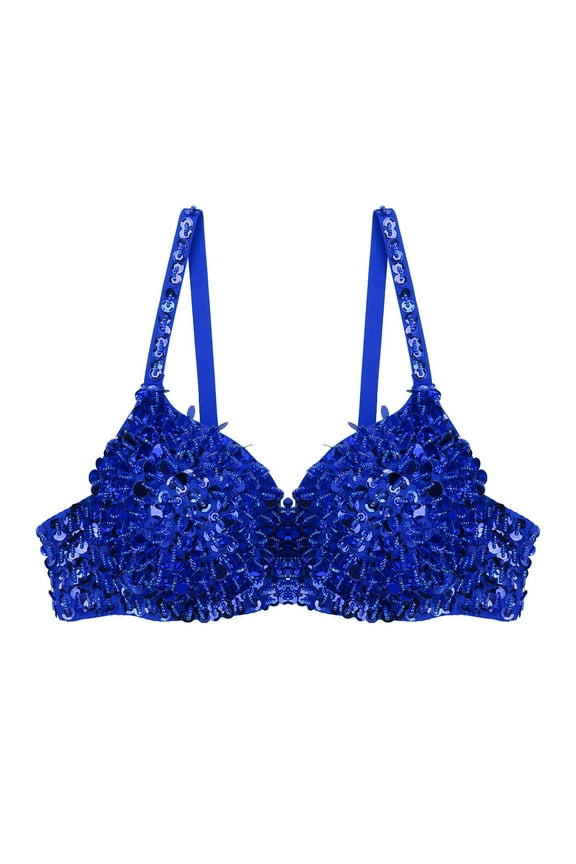 Women's Sparkle Sequins Push Up Bra Glitter Beading Padded Bralette for Belly Dancing Blue 34/75