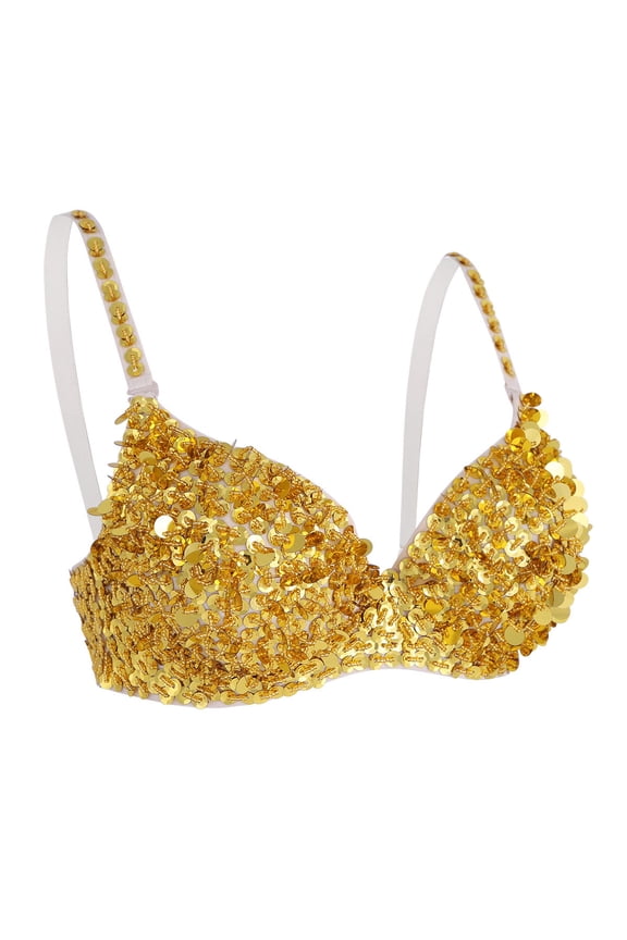 Women's Sparkle Sequins Push Up Bra Glitter Beading Padded Bralette for Belly Dancing Gold 38/85
