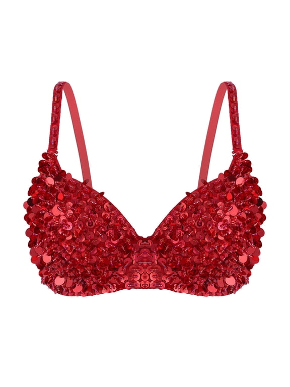 Women's Sparkle Sequins Push Up Bra Glitter Beading Padded Bralette for Belly Dancing Red 34/75