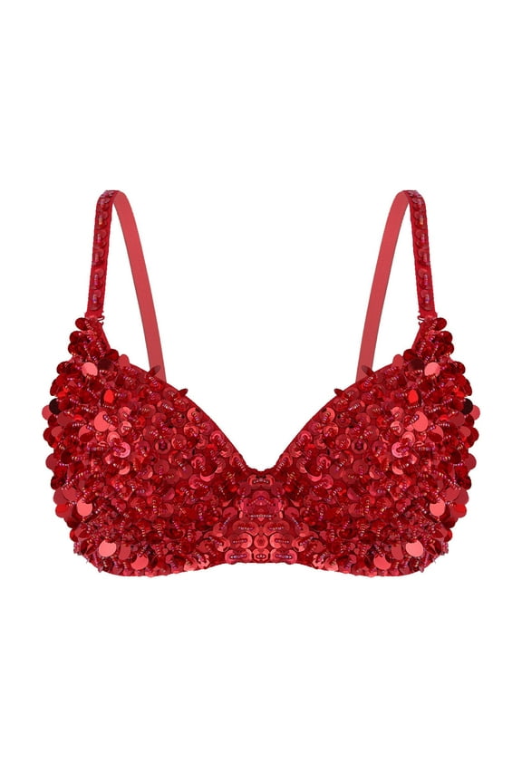 Women's Sparkle Sequins Push Up Bra Glitter Beading Padded Bralette for Belly Dancing Red 36/80