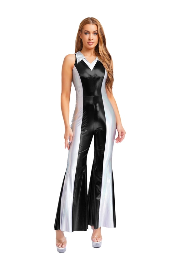 Womens 80s Disco Prom Jumpsuit Lapel V Neck Sleeveless Metallic Shiny Flared Pants Rompers Black XXL
