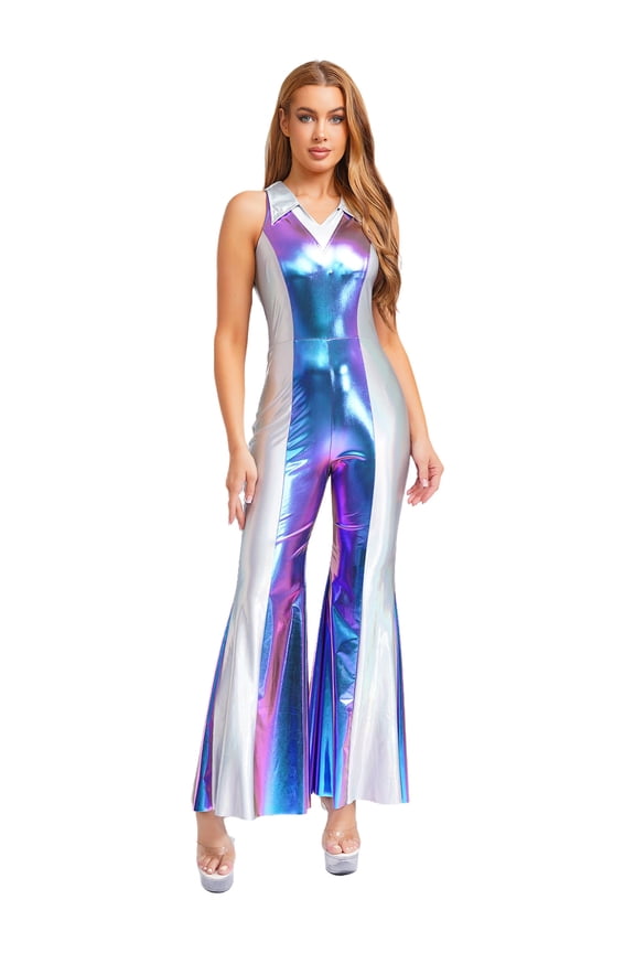 Womens 80s Disco Prom Jumpsuit Lapel V Neck Sleeveless Metallic Shiny Flared Pants Rompers Blue XXL