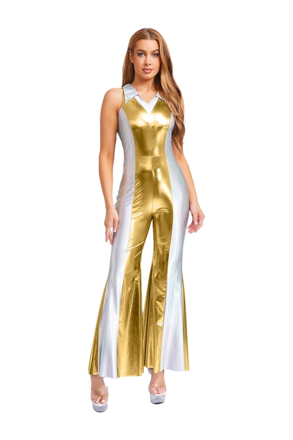 Womens 80s Disco Prom Jumpsuit Lapel V Neck Sleeveless Metallic Shiny Flared Pants Rompers Gold S