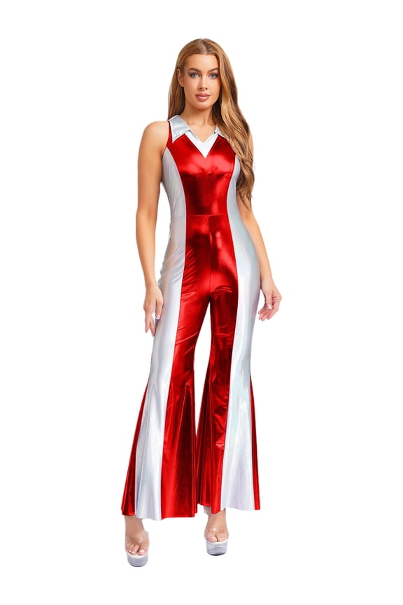 Womens 80s Disco Prom Jumpsuit Lapel V Neck Sleeveless Metallic Shiny Flared Pants Rompers Red S