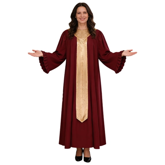 Raenseen Womens Choir Robe Flared Long Sleeve Ruffled Clergy Dresses Burgundy S