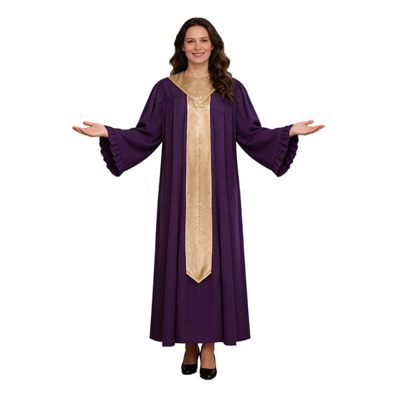 Raenseen Womens Choir Robe Flared Long Sleeve Ruffled Clergy Dresses Purple M