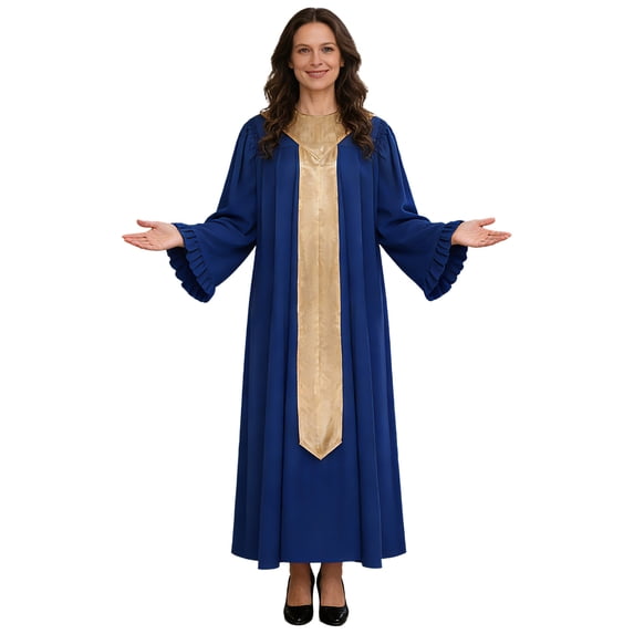 Raenseen Womens Choir Robe Flared Long Sleeve Ruffled Clergy Dresses Royal Blue S