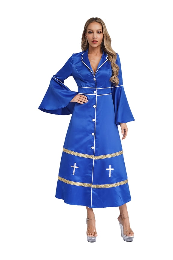 Womens Clergy Robe Flared Sleeves Button Clergy Maxi Dress Minister Choir Robe Church Pastor Dress Royal Blue M