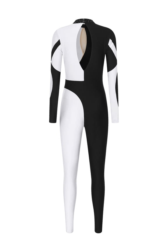 Womens Gymnastics Leotard Bodysuit Figure Skating Dance Costume Contrast Color Full Body White M