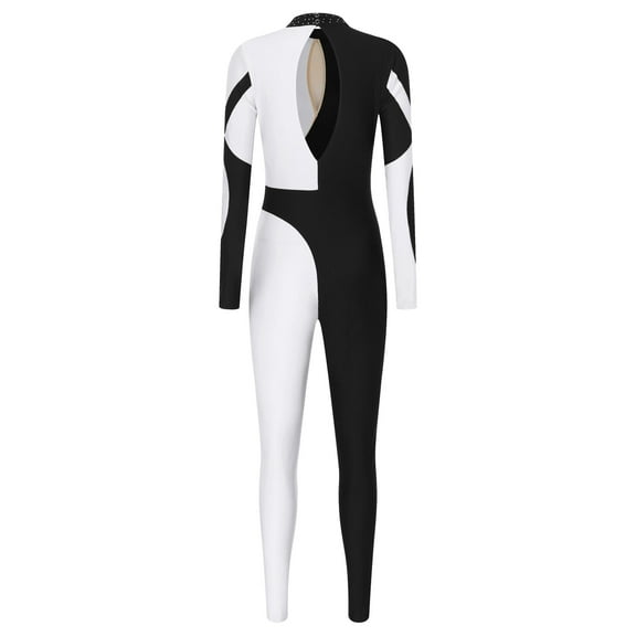 Raenseen Womens Gymnastics Leotard Bodysuit Figure Skating Dance Costume Contrast Color Full Body White XXL