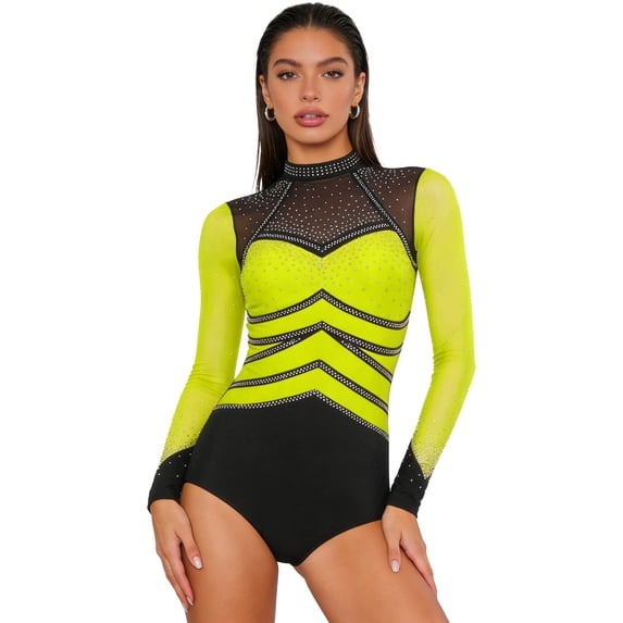 Raenseen Womens Gymnastics Leotards Rhinestone Bodysuit Mesh Long Sleeve Figure Skating Jumpsuit Fluorescent Yellow L