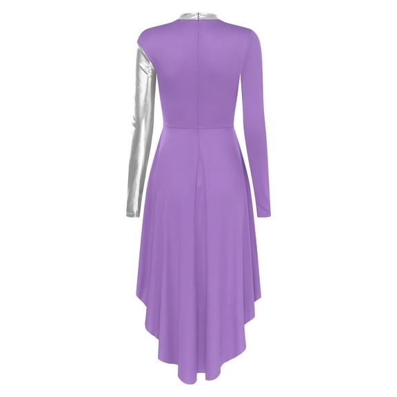 Raenseen Womens Lyrical Dance Dress Long Sleeve High-low Hem Metallic Praise Dance Dress Worship Purple L