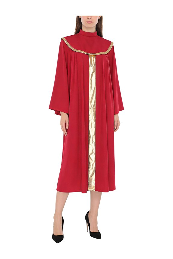 Womens Metallic Patchwork Collar Overlay Flared Long Sleeve Cassock Maxi Dress Red S