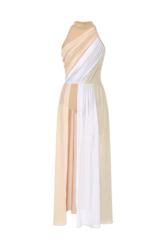 Womens Modern Dance Costume Long Flowy Lyrical Dance Dress Split Ballet Gymnastic Leotard Nude M