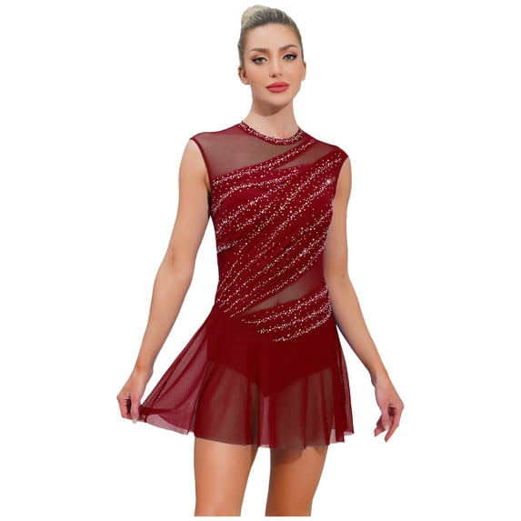 Raenseen Womens Rhinestone Lyrical Ballet Dance Dress Sleeveless Sparkly Ruched Figure Ice Skating Dance Dress Burgundy L