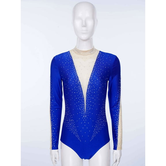 Raenseen Womens Shiny Rhinestone Mock Neck Long Sleeves Jumpsuit Gymnastic Training Leotard Ballet Blue L